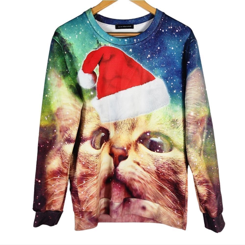 John Hancock Cat Santa Hat Christmas Sweater Sweatshirt Stars Size L